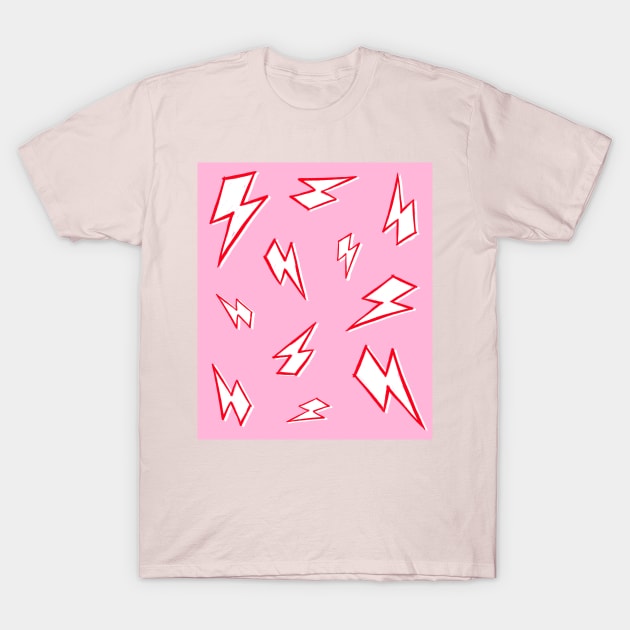 Sketchy Red and White Lightning Bolt Pattern on Pink T-Shirt by OneThreeSix